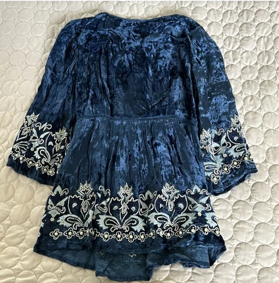 Blue Velvet Dress with Embroidered Details - Picture 2 of 8